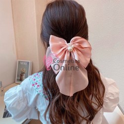 Accesoriu pentru decor par cu Fundita din satin si clema metalica TRD044RR Pink cu perlute XXL